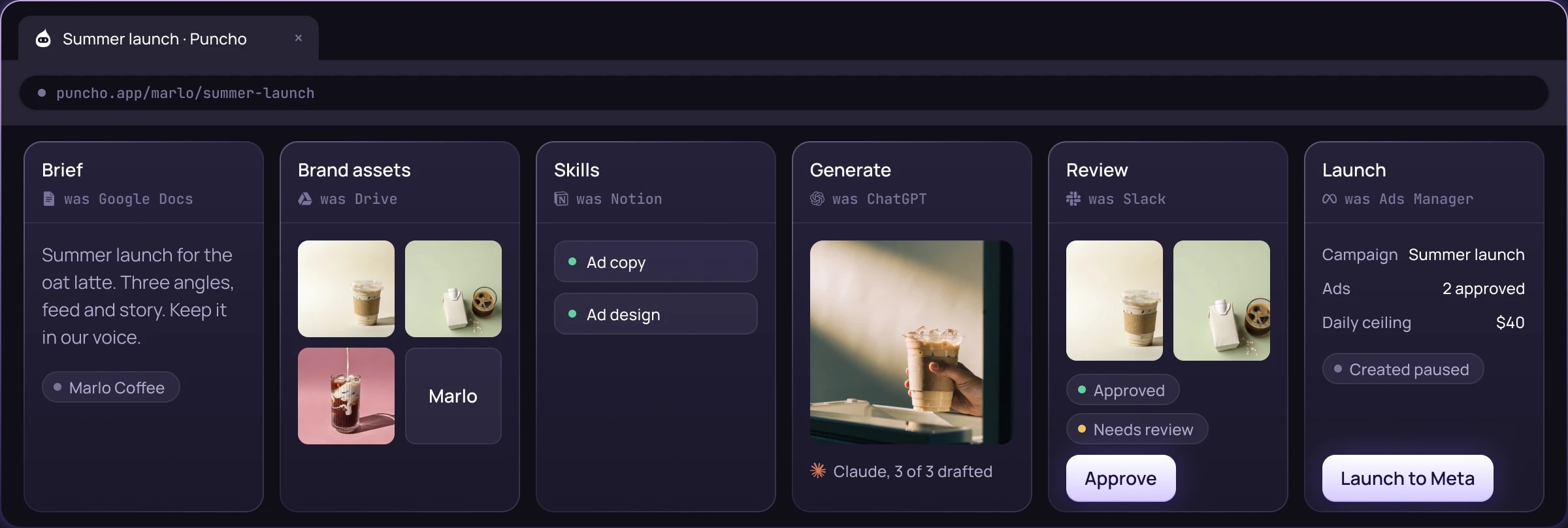One Puncho tab holding the brief, brand assets, skills, generation, review and launch